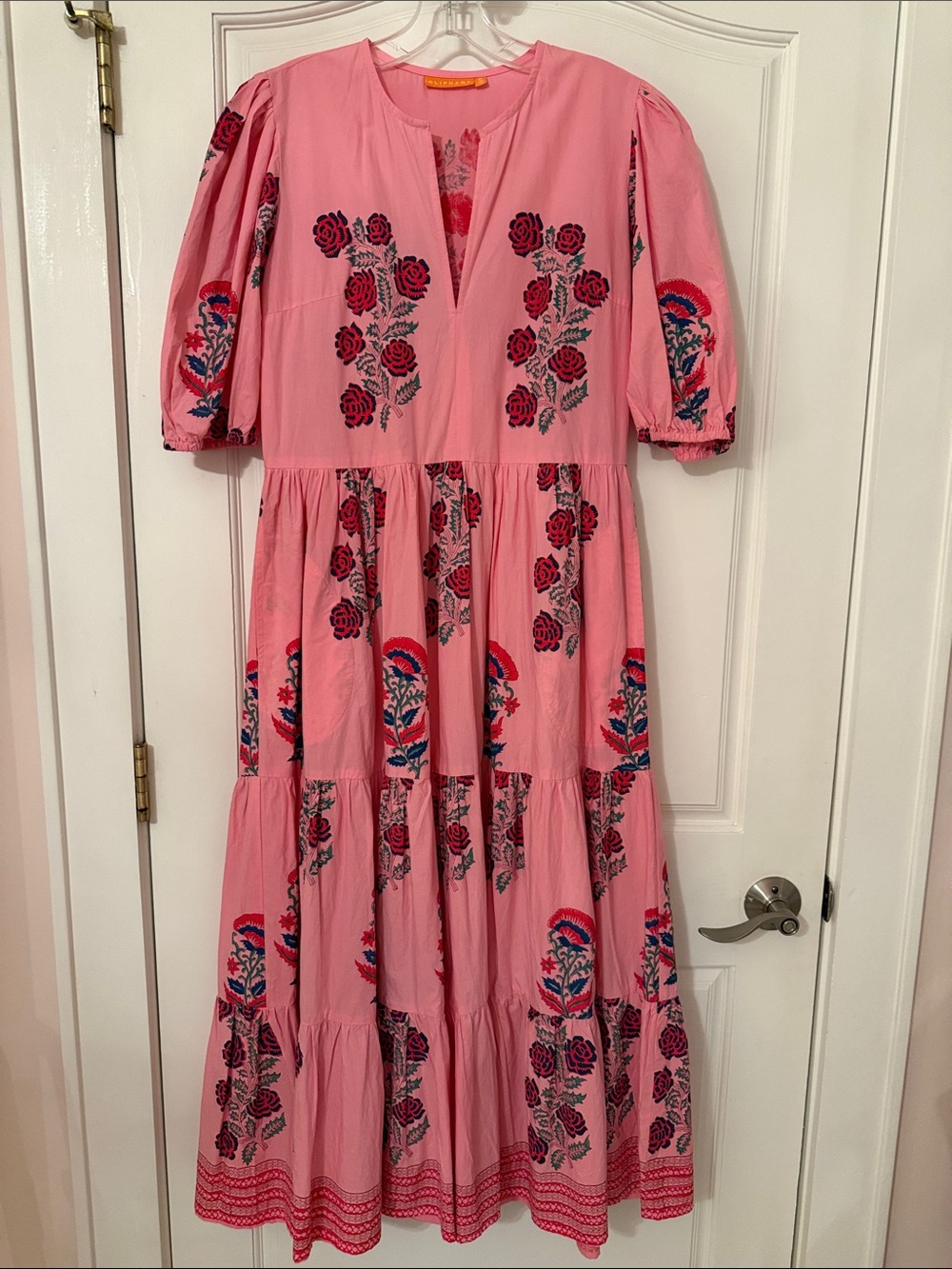 Oliphant Beautiful pink puff sleeve 100% cotton maxi dress, like new